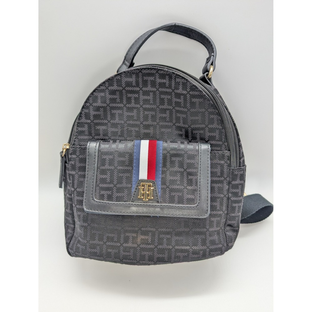 Tommy Hilfiger‎ Women's Black Monogram Jacquard Mini Backpack Gold Logo Stripe